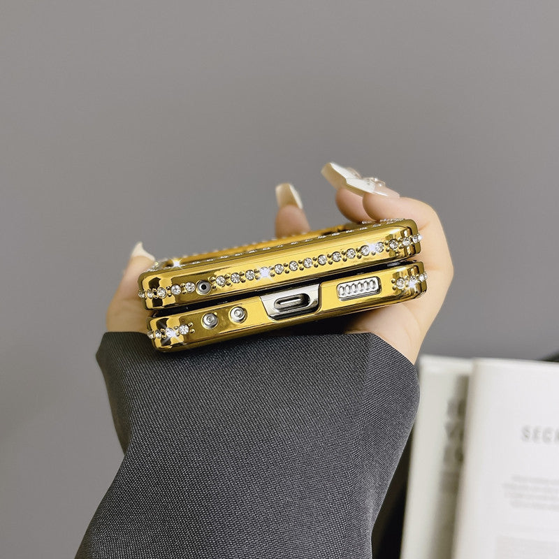 Suitable for Samsung Zflip Mmobile Phone Case Electroplated Rhinestone Plaid Ring Holder