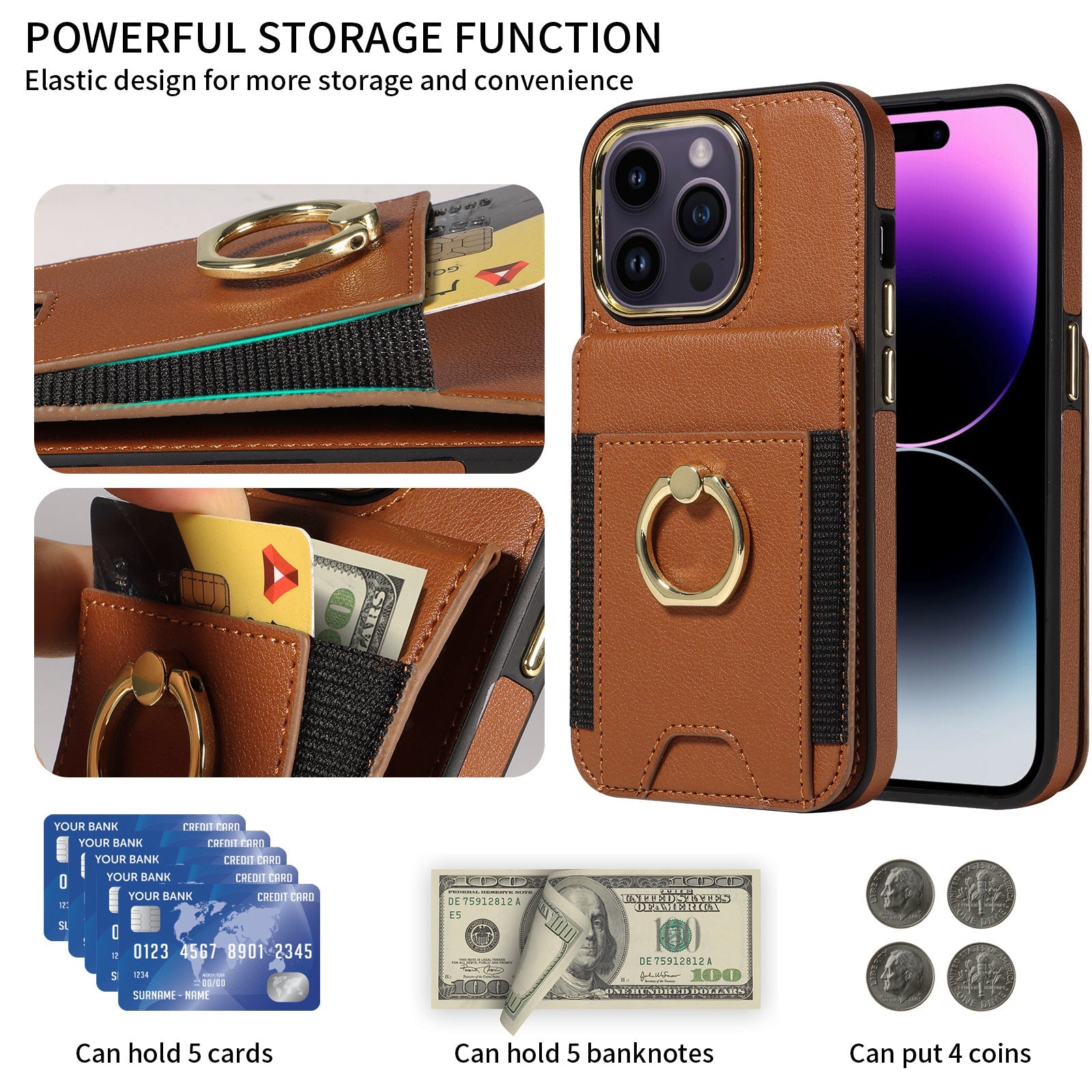 For iPhone15 Series Back Cover Ring Buckle Protection Leather Case
