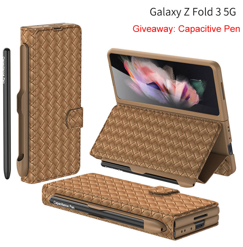 Buy a mobile phone case and get a free capacitive pen! Flip Pen Slot Phone Case Personalized Woven Leather Pattern ZFold3 Phone Case