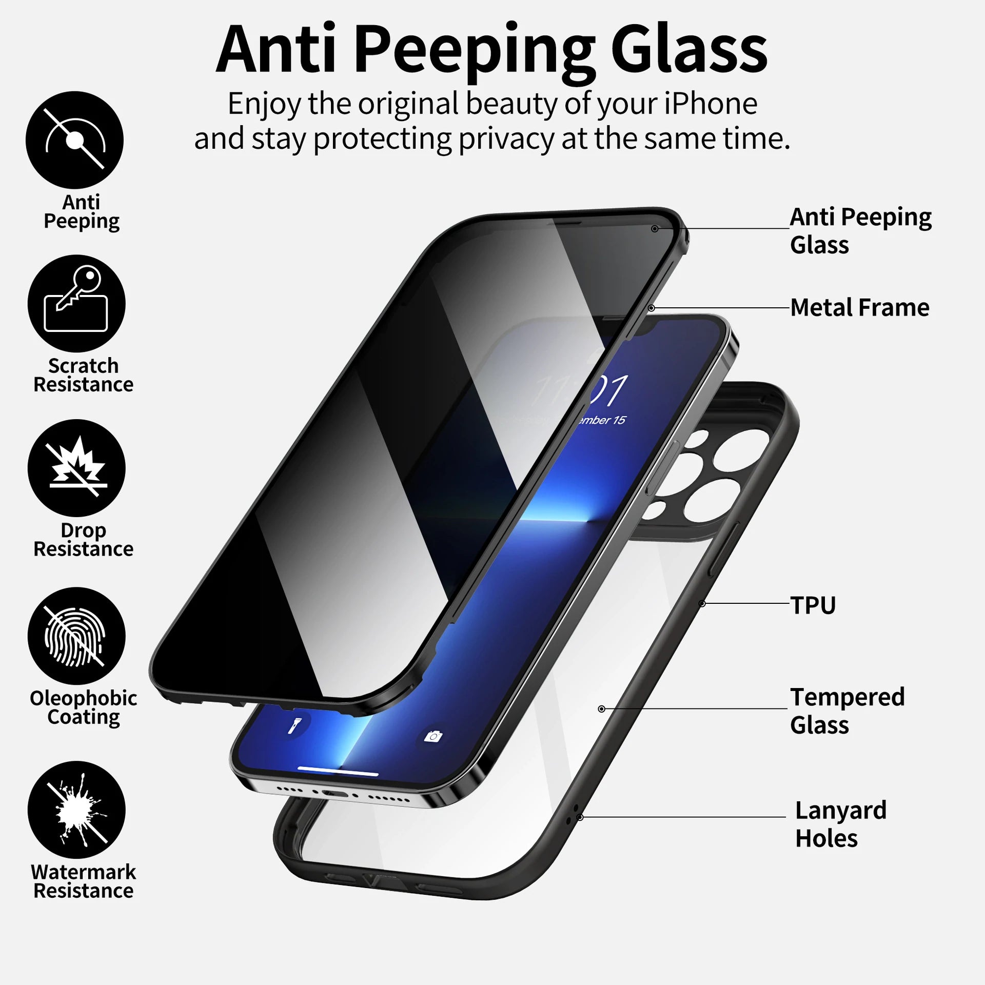 Anti-Peeping and HD Magnetic Double Sided Tempered Glass Case for iPhone 15 Series